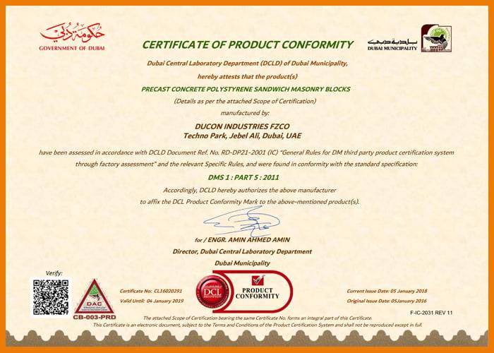 Dubai Central Laboratory certification — Ducon Industries