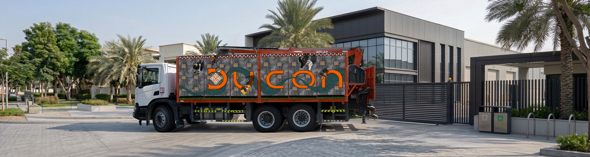 Product delivery trucks loading concrete blocks for UAE site delivery