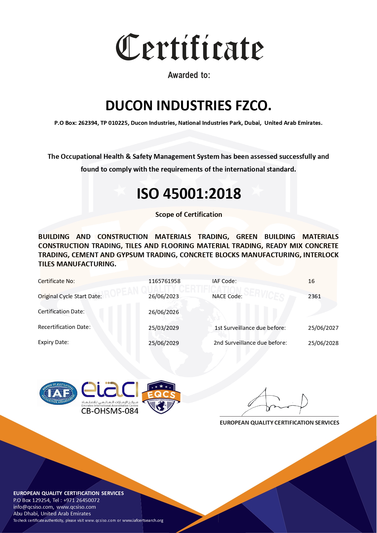 ISO 45001:2018 Occupational Health & Safety Management System certificate — Ducon Industries FZCO